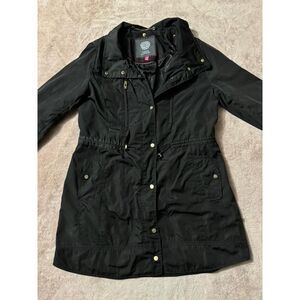 Vince Camuto Black Hooded Parka Jacket Quilted Cinch‎ Waist Long Coat Size M
